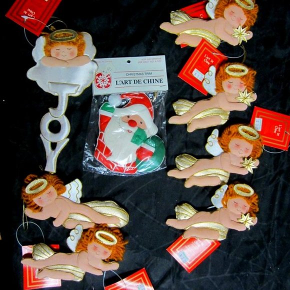 80'S 90'S KITCSHY L'ART DE CHINE FABRIC CHRISTMAS ORNAMENTS SET OF 8 W/ORIG TAGS - Picture 1 of 11